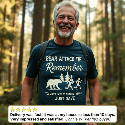 Man wearing personalized Bear Attack Tip no 2 t-shirt on trail